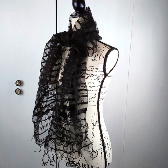 Womens Scarf EXTRA Long & Wide Black SHEER W/ Vertical Stripes FRINGE on Ends - Picture 5 of 6